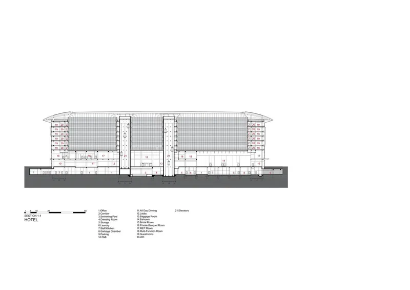 Section drawing through the hotel showing the curved roof and multi-story atrium spaces