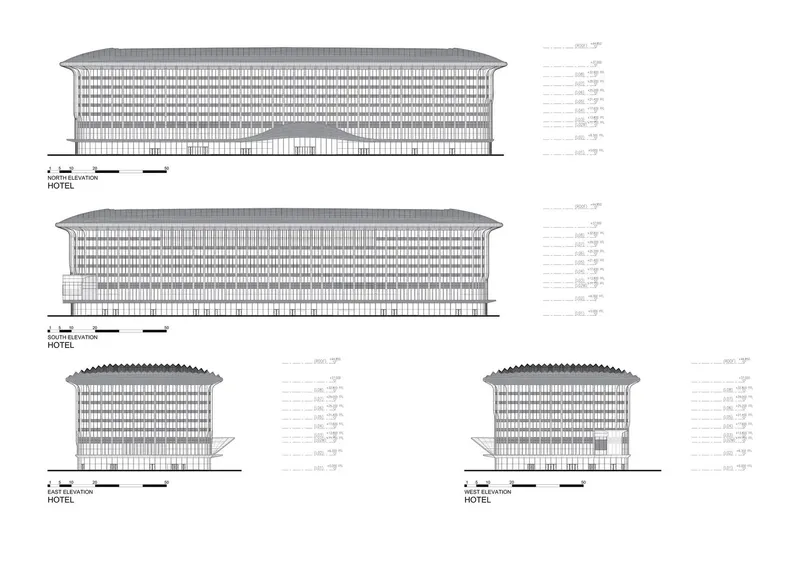 Elevation drawings showing all four sides of the hotel with horizontal banding and rounded roof