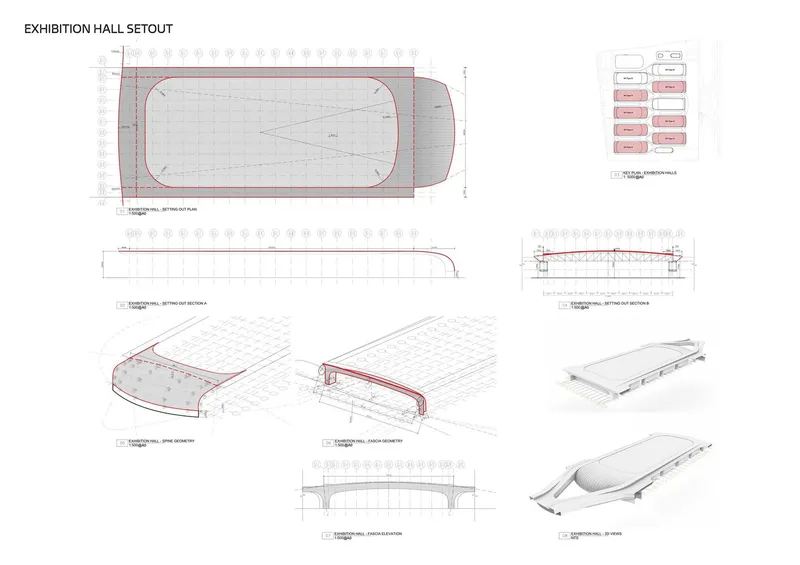 Plan, section, and axonometric drawings of an exhibition hall with a curved roof form