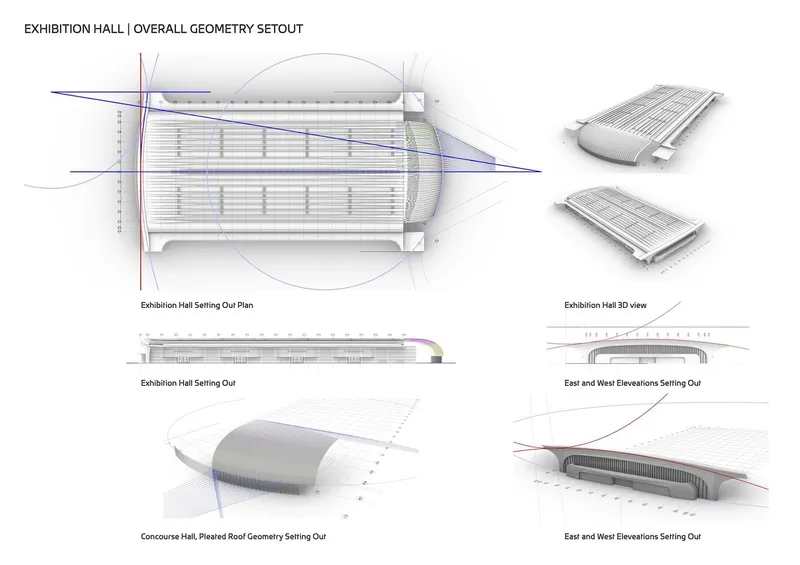 Technical drawing set showing plan, sections, elevations and axonometric views of an exhibition hall with a pleated barrel roof