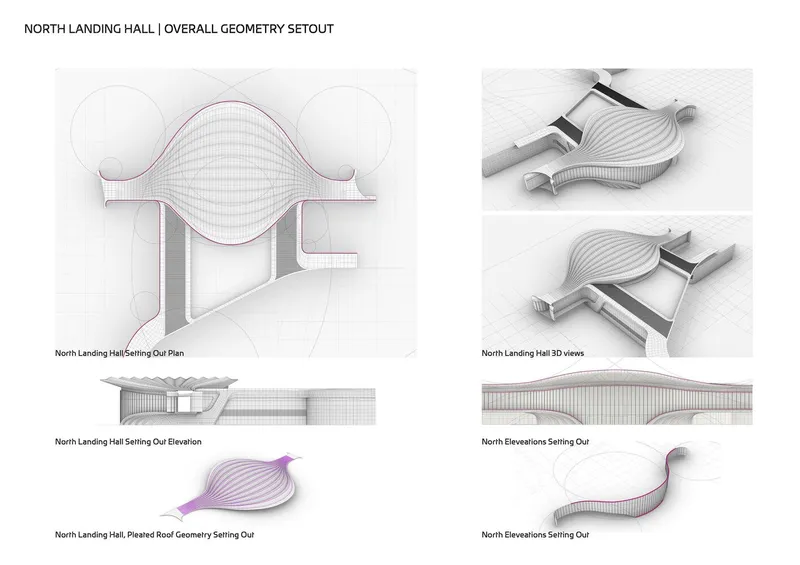 Set of plan, elevation, section and isometric drawings illustrating a landing hall with undulating roof form