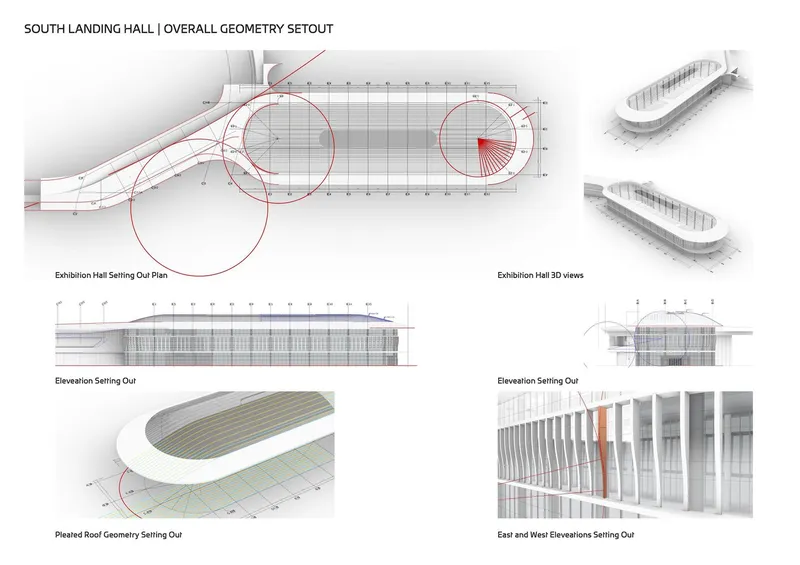 Technical drawing set showing plan views, elevations, and axonometric projections of an oval exhibition hall geometry