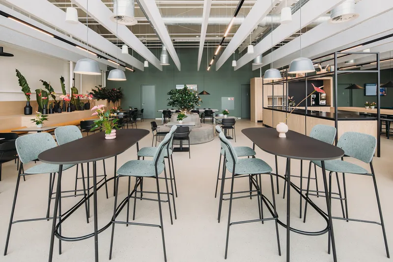 Cafe area with dark oval tables, upholstered bar stools and exposed white structural grid overhead
