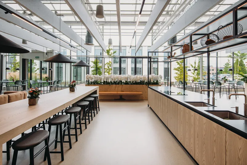 Dining hall with timber skylight grid, long counters and greenery under natural daylight