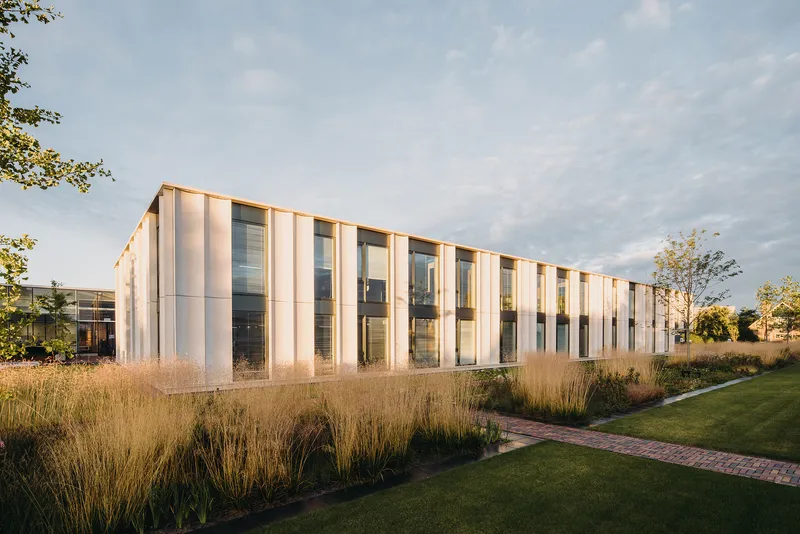 Facade with vertical white panels and glazing behind planted beds of ornamental grasses at dusk