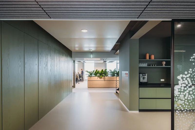 Corridor with wood-clad wall panels and open shelving against green surfaces