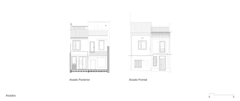 Elevation drawings showing rear and front facades of a two-story rowhouse with rooftop additions