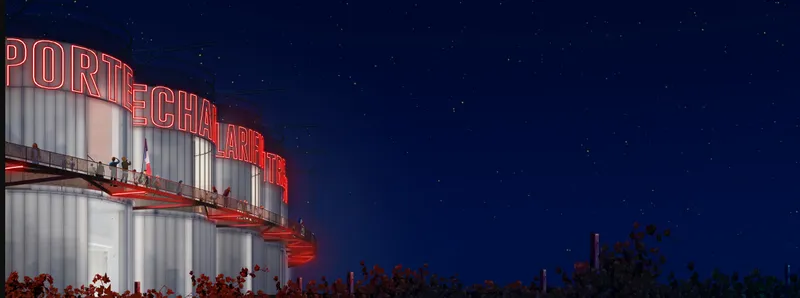 Corrugated metal facade with illuminated red signage reading PORT-ECHARLATTE against a starry evening sky