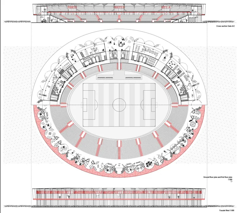 Floor plan and cross section drawings of an oval stadium with playing field and tiered seating