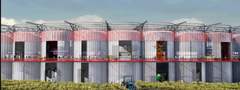 Exterior elevation showing corrugated metal panels with red banding and an exposed structural truss above