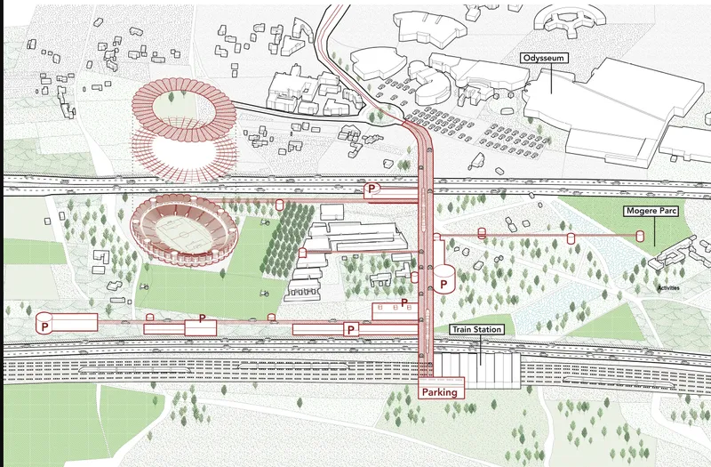 Site plan drawing showing two oval structures, a train station, parking areas and surrounding green spaces