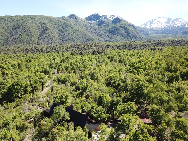 Aerial view of the low-profile structure nestled among dense forest with snow-capped mountains in the distance