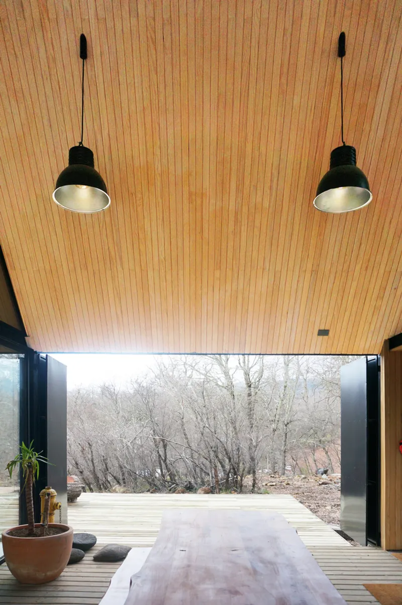 View through the open corner glazing to the winter forest with two black pendant lights hanging from the wood ceiling