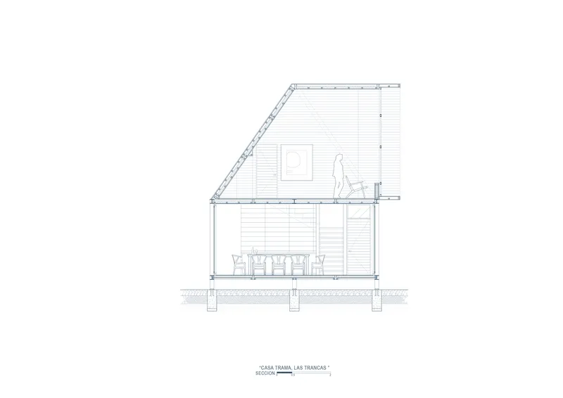 Section drawing revealing sloped roof, deck with figure walking, and dining area with chairs below