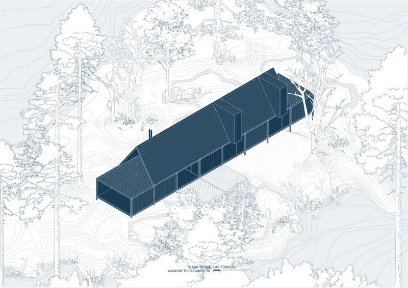 Axonometric drawing showing a linear building nestled among contour lines and vegetation