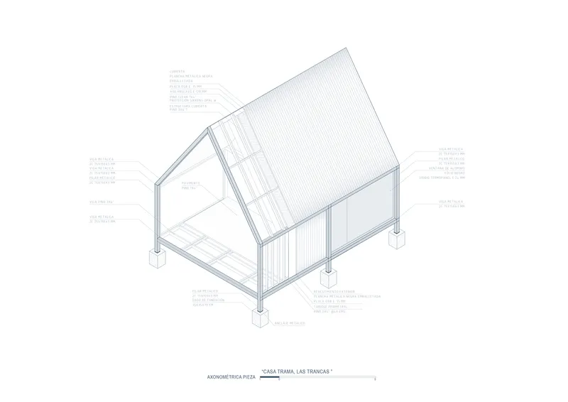 Exploded axonometric drawing of a small gabled structure with labeled material components