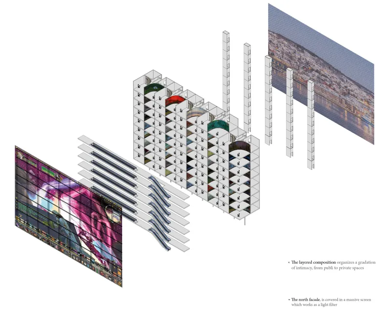 Axonometric drawing showing layered facade screens and structural frame with colored accent volumes