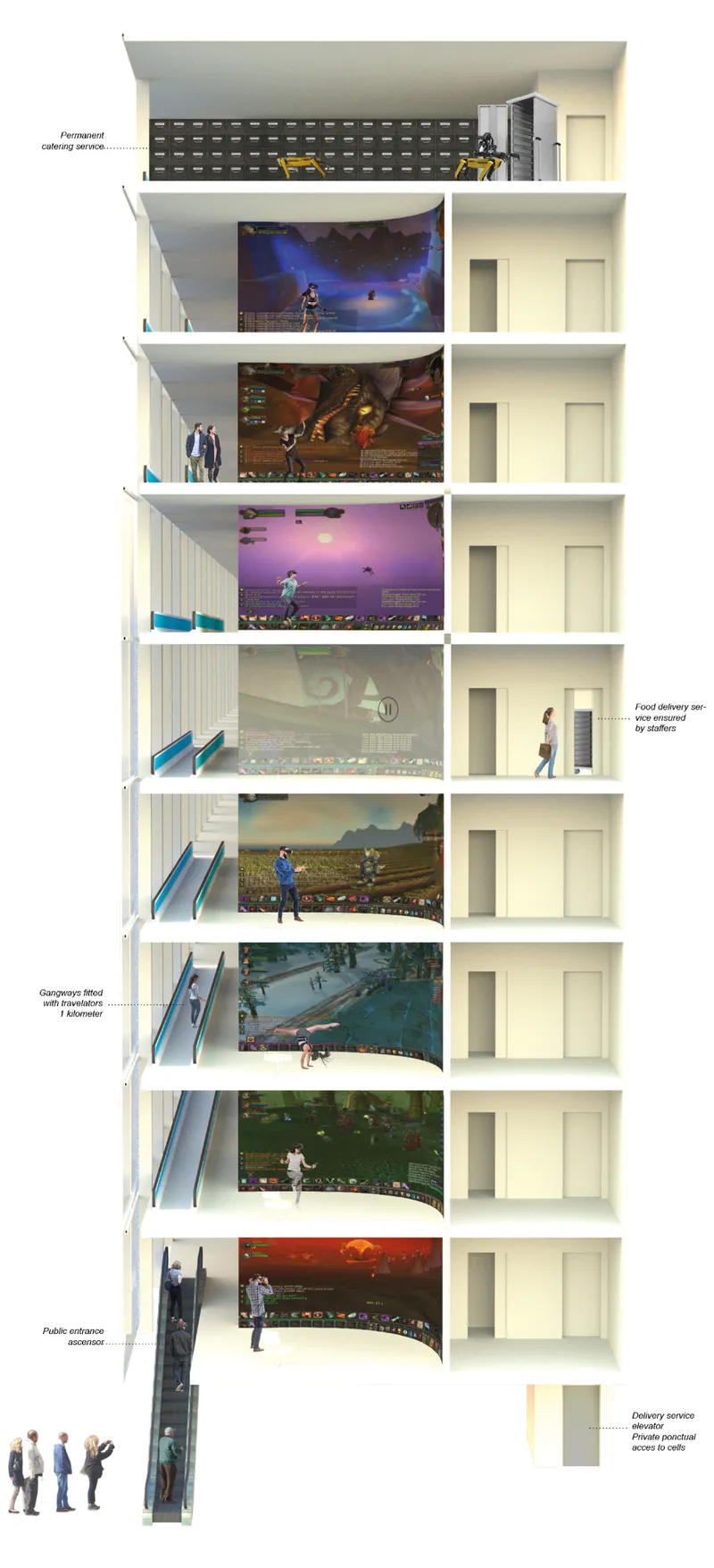 Section drawing revealing stacked floors with projected screen imagery and public circulation stairs