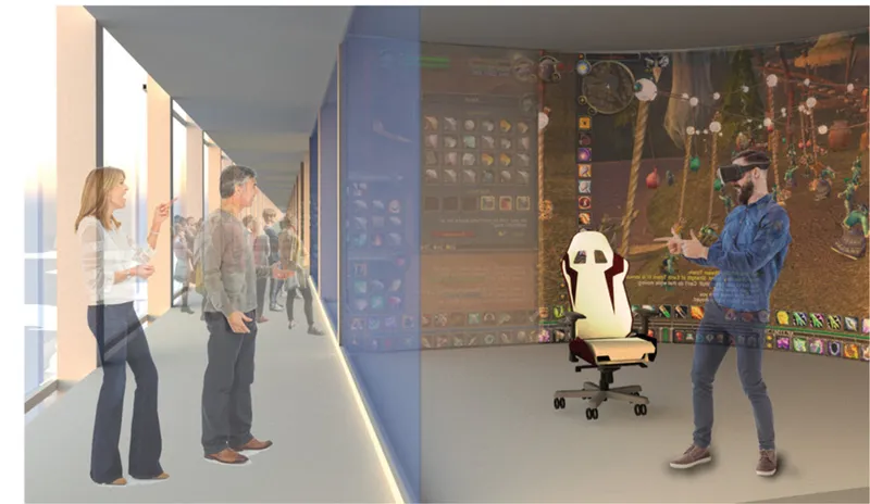 Interior rendering of corridor with visitors viewing a gaming space through glass partition