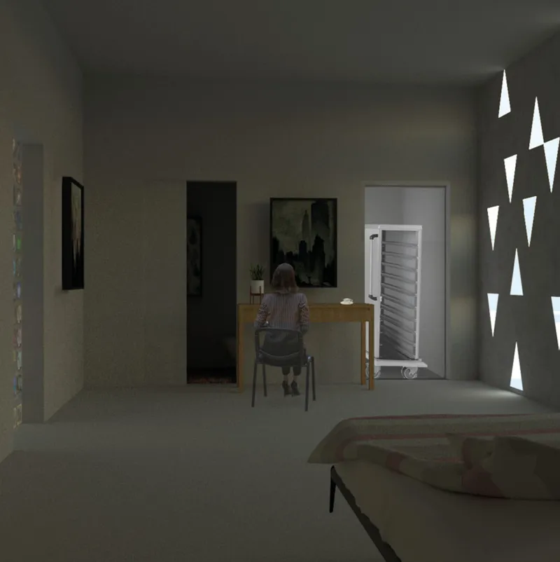 Bedroom interior with person at desk and triangular light apertures puncturing the wall