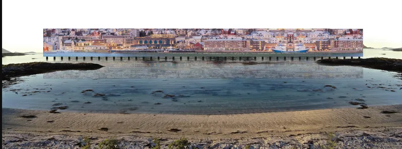 Elevated pedestrian bridge spanning a tidal pool with rocky shoreline and distant coastal buildings