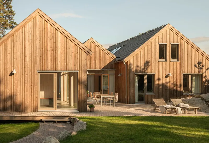 Cluster of vertical timber-clad gabled volumes with glazed doors opening onto a wooden deck at sunset