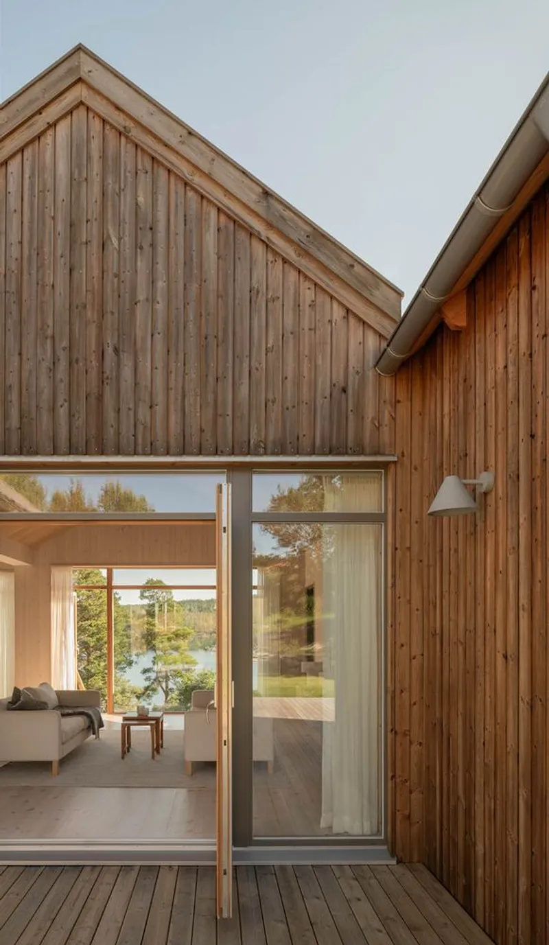 Corner detail of the timber gable end with a full-height glazed door onto the deck