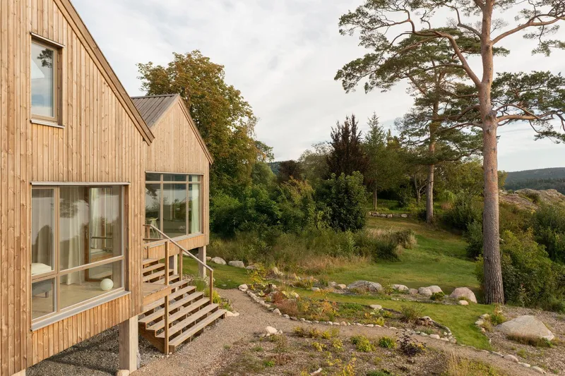 Exterior view of timber-clad volumes with glazed openings overlooking a sloped garden with boulders and pine trees