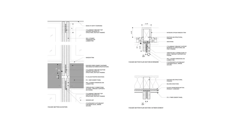 Construction detail drawings showing facade batten elevations and window section assemblies with material annotations