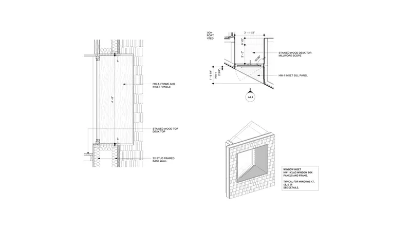 Construction detail drawings showing wall framing and window reveal assembly with axonometric view