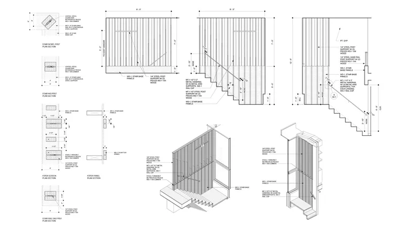 Axonometric and elevation drawings detailing timber screen wall assembly with stairs and connection details