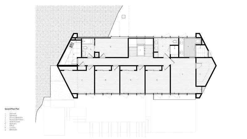 Second floor plan showing five rooms arranged along a central corridor with stairs and service areas