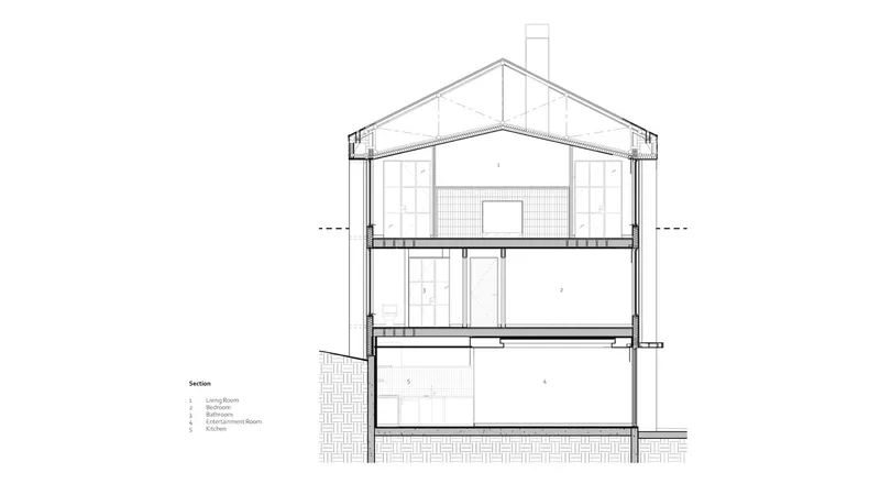Section drawing through a three-story residence with gabled roof and exposed structural framing