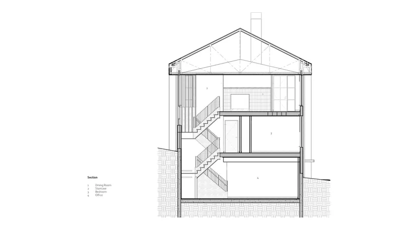 Section drawing showing a continuous staircase connecting three levels under a pitched roof structure