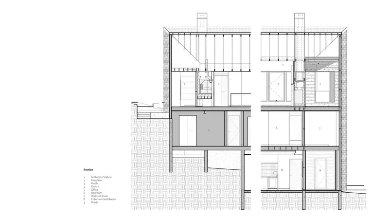 Section drawing revealing split-level volumes with exposed timber framing and chimney elements