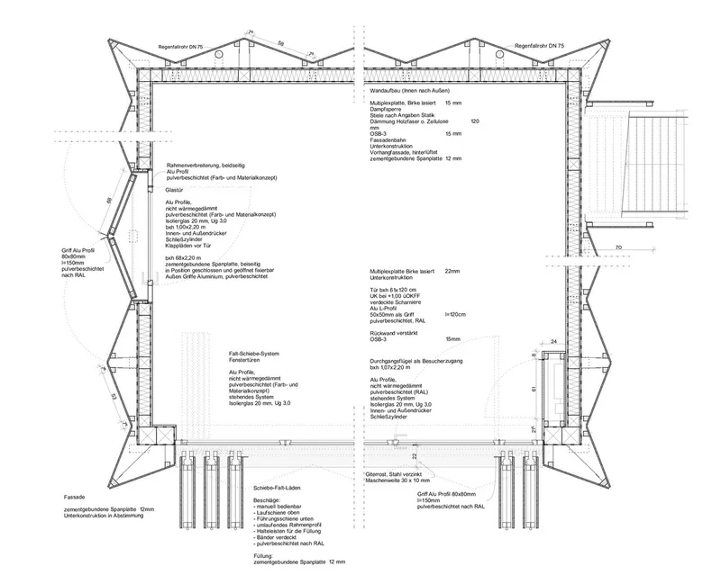 Section drawing with annotations showing the angled facade structure and folding screen system