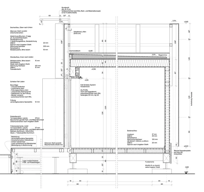 Detailed section drawing with dimensions illustrating the layered wall assembly and floor construction
