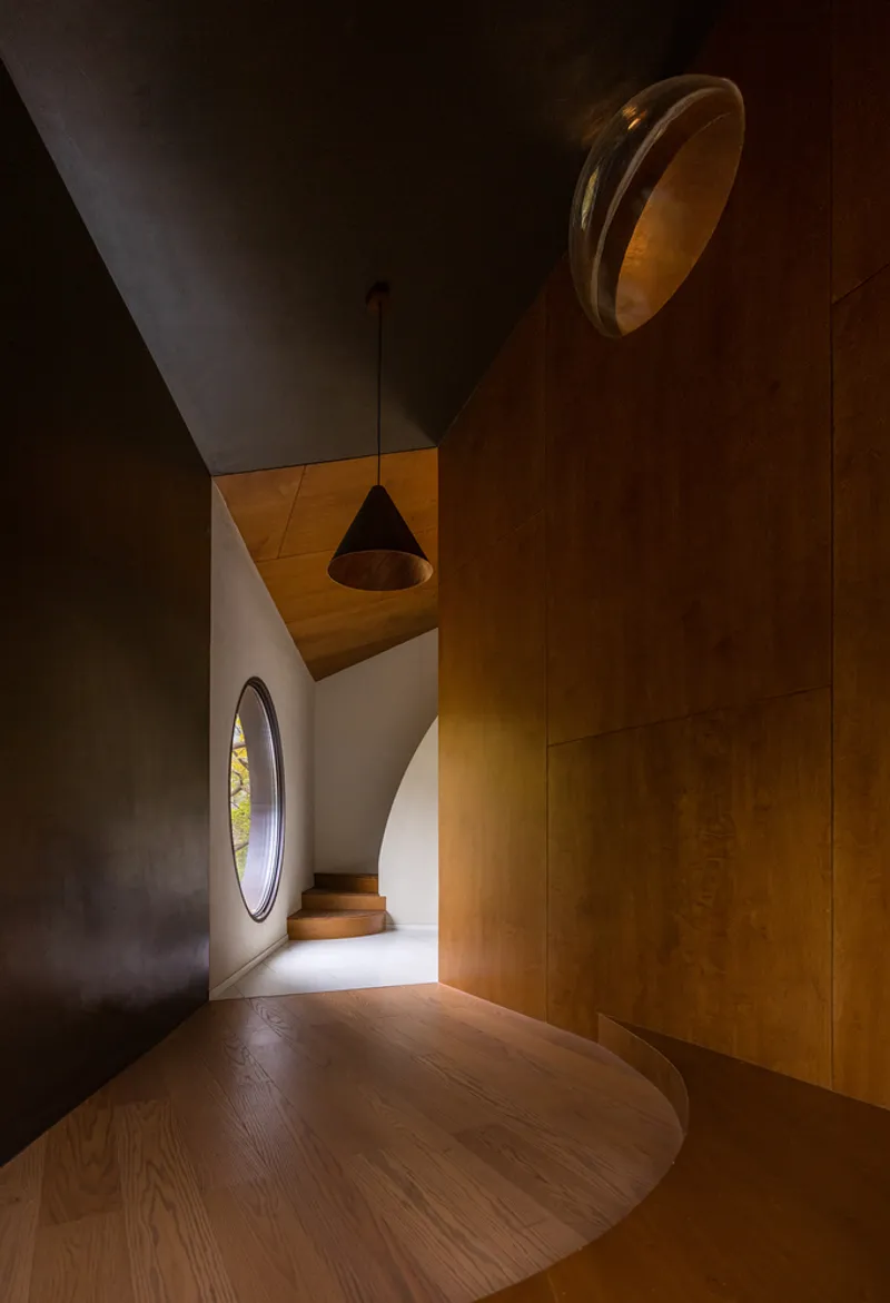Interior hallway with curved timber flooring, dark walls, and circular skylights filtering daylight