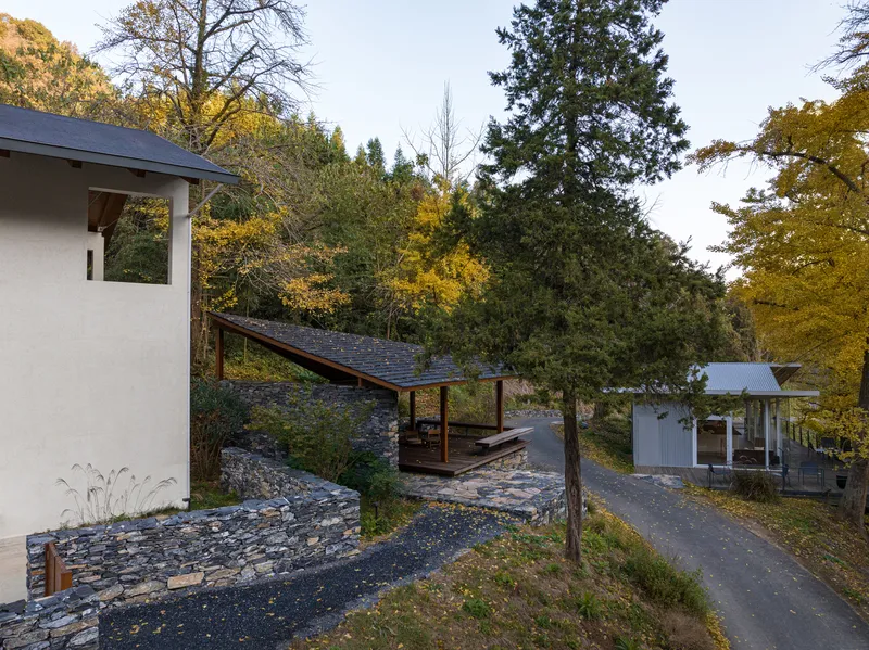 Stone-paved terrace connecting white stucco volumes along a sloping site with fall trees