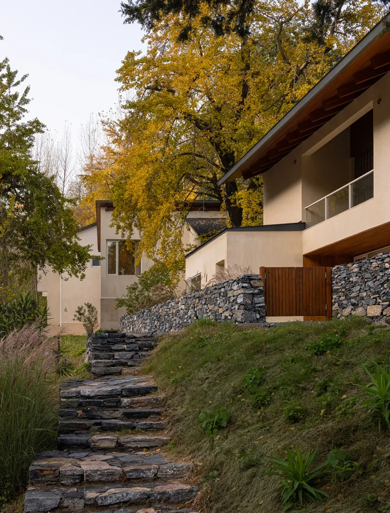 Stone stairway climbing the planted slope toward the gabion retaining wall and timber-clad entry