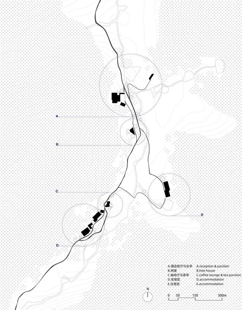 Site plan drawing showing building clusters distributed along a winding path through topography