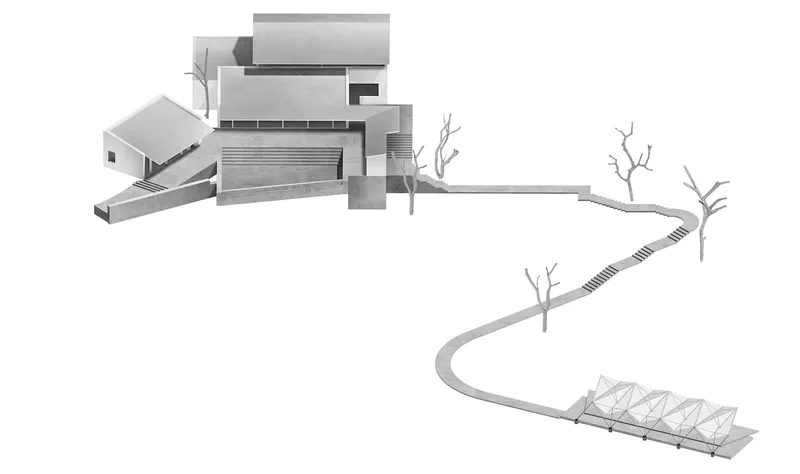 Axonometric view showing clustered volumes along a curving pathway with bare trees