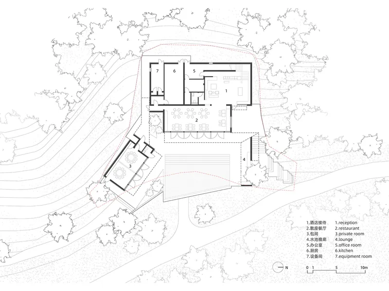 Floor plan drawing of angled wings surrounding a pool terrace with trees and contours