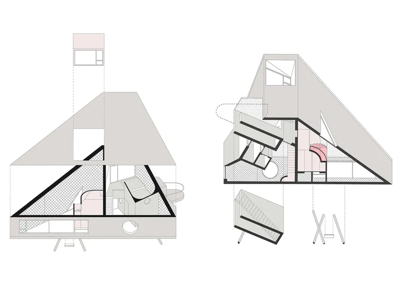 Section drawings revealing interior spatial arrangements within triangular volumes on sloped columns