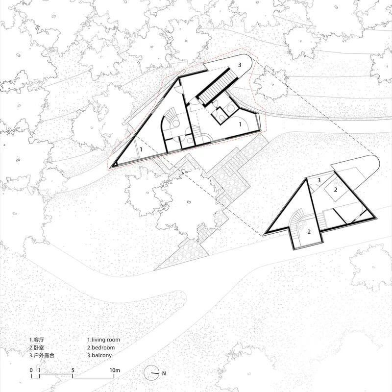 Site plan drawing showing two triangular structures connected by a pathway through landscaped terrain