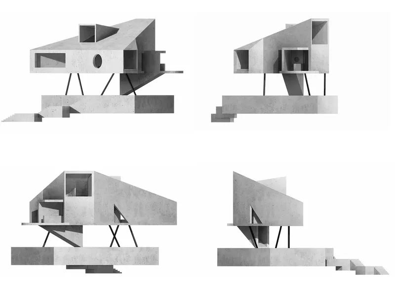 Elevation drawings showing four views of a split-level residence on angled supports