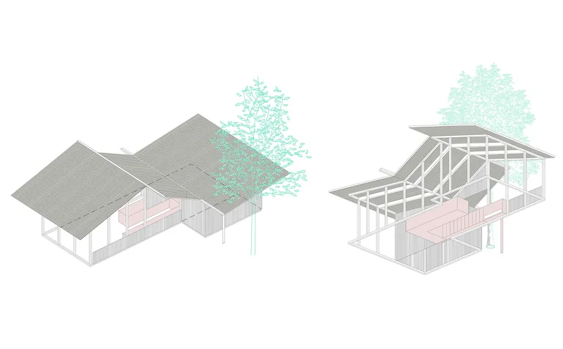 Axonometric diagrams showing pitched roof structures with exposed framing and adjacent trees