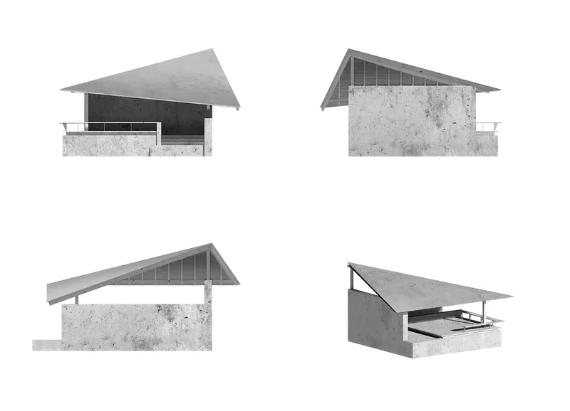 Elevation drawings depicting four sides of a concrete residence with angled roof planes