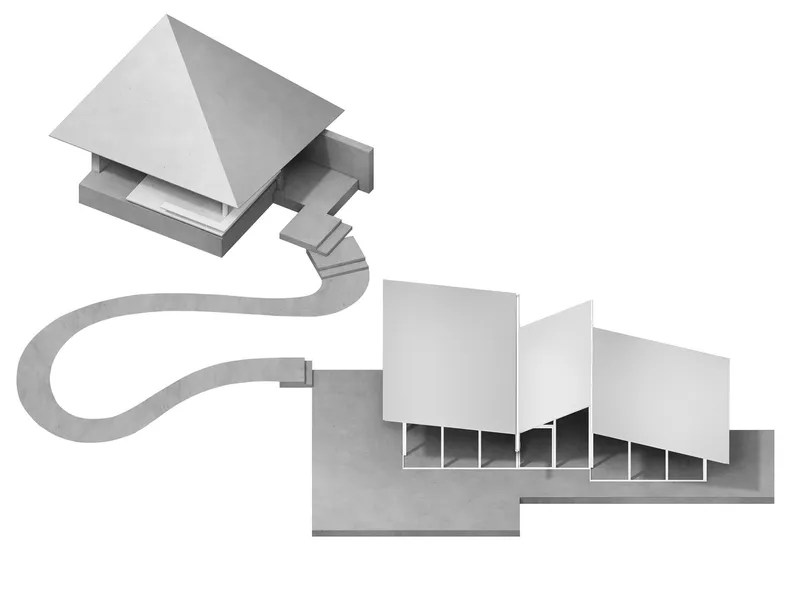 Axonometric drawing of two buildings linked by a curving pedestrian bridge over a stepped base