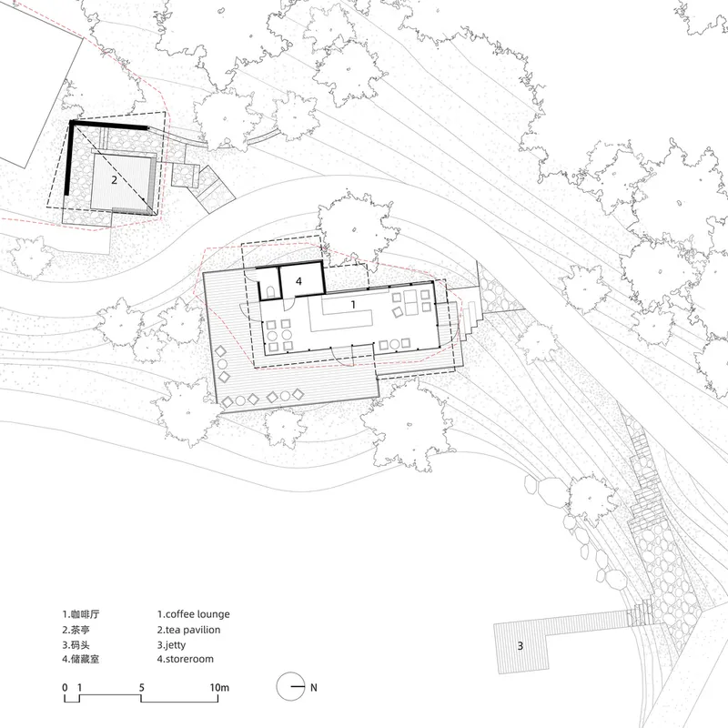 Site plan drawing showing multiple pavilions positioned among contoured terrain and mature trees